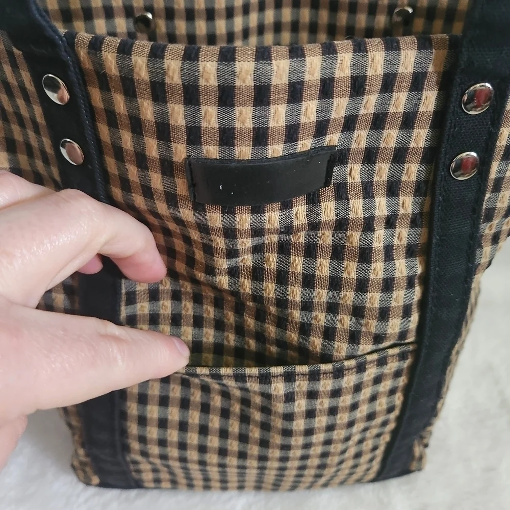 Longaberger Homestead Black Tan Checkered Plaid Tote Bag